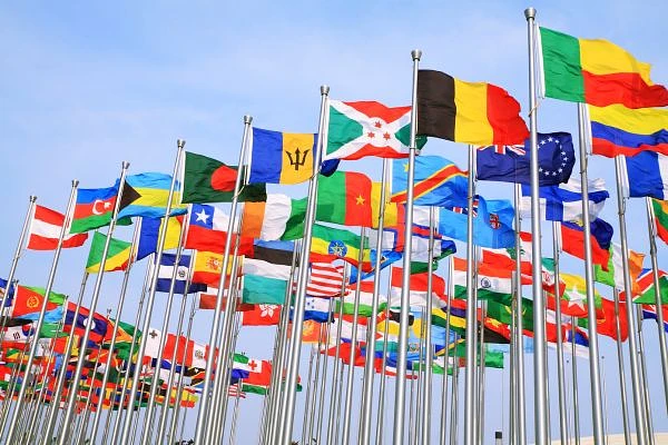 Numerous international flags are displayed on tall flagpoles against a clear blue sky.