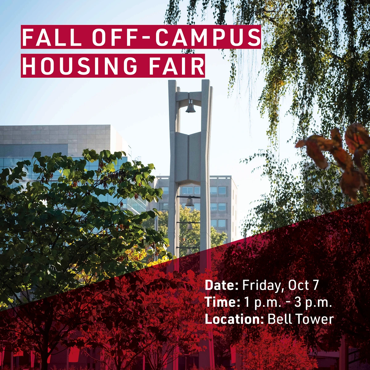 Temple's Bell Tower with trees around it and details for the housing fair