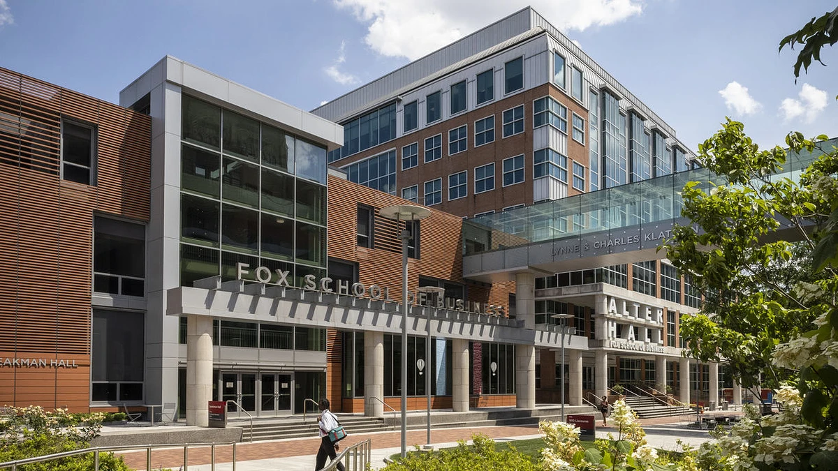 The image shows a large, modern building complex with signage for the Fox School of Business and Alter Hall, featuring glass facades and architectural details.