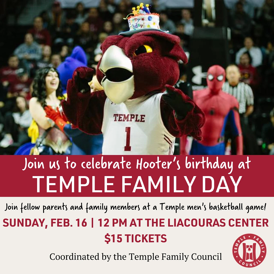 The image promotes Hooter's birthday celebration at Temple Family Day on February 16 at the Liacouras Center, featuring characters and a mascot.