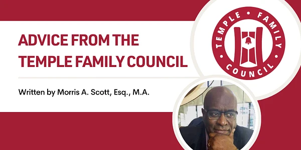 The image features a banner titled "Advice from the Temple Family Council" by Morris A. Scott, Esq., M.A., with a circular logo and a photo of a man.