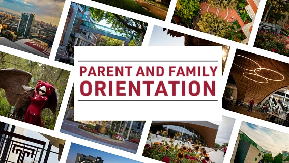 A collage of various campus scenes surrounds the text "Parent and Family Orientation" at the center.