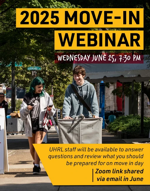 A flyer advertises a 2025 Move-In Webinar for June 25 at 7:30 PM, featuring UHRL staff who will answer questions and prepare participants for move-in day.