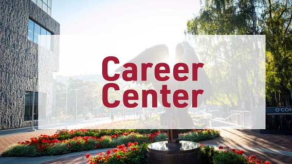 The image shows a landscaped area with flowers and a building, overlaid with the text "Career Center."