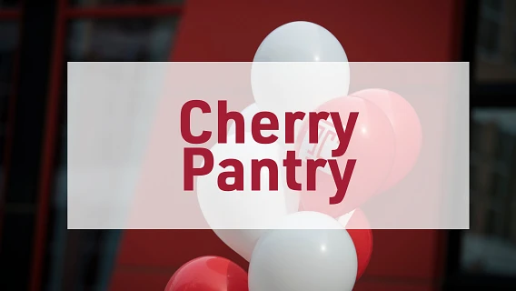 The image features the text "Cherry Pantry" overlaid on a background of red and white balloons.