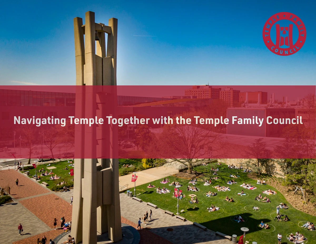 A bell tower stands in a campus setting with people sitting on the grass, overlaid with "Navigating Temple Together with the Temple Family Council" text.